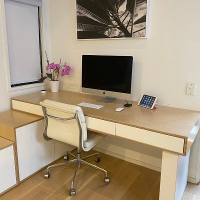 Plywood office desk and storage