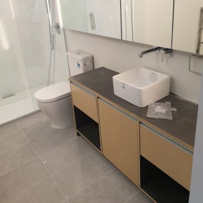 Bathroom vanity with white sink